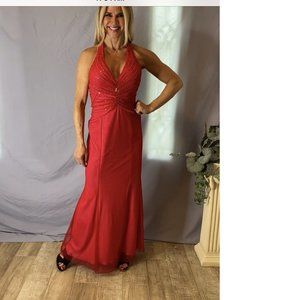 Red Halter Column gown with red sequins, size 8.